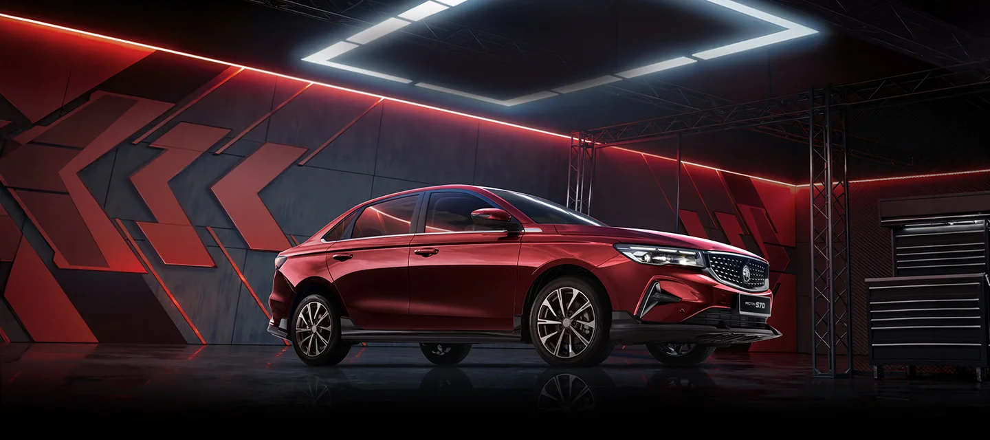 Proton S70 sedan presented on a bright showroom stage